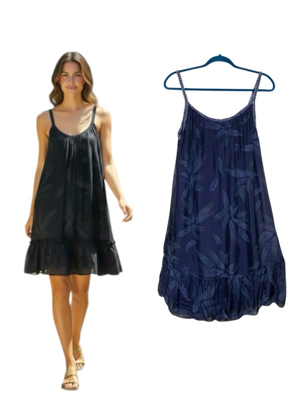 Rosemarine Italy Sleeveless Navy Blue Silk Blend Dress Ruffle Hem Sz M Feminine